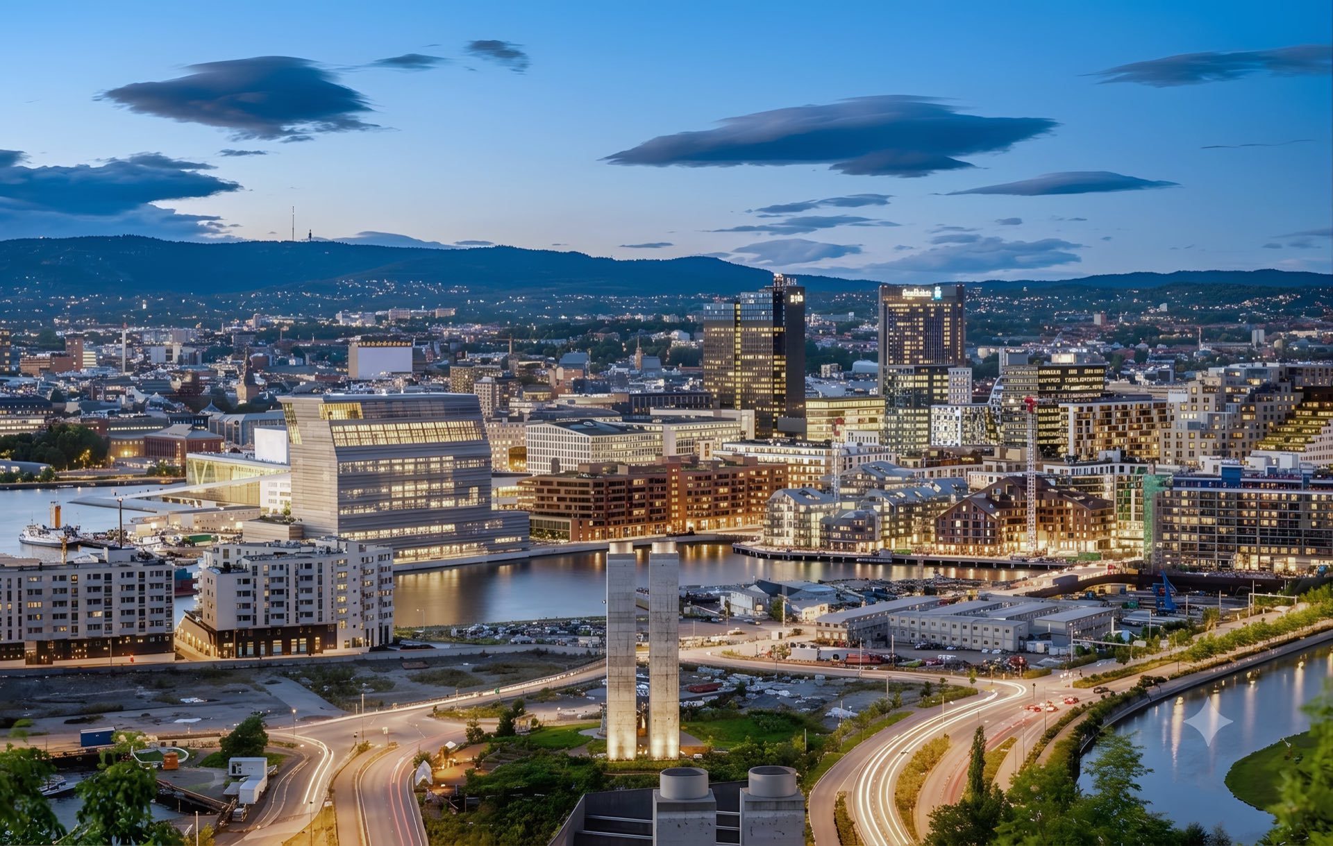 Oslo skyline i blåtimen — Bjørvika
